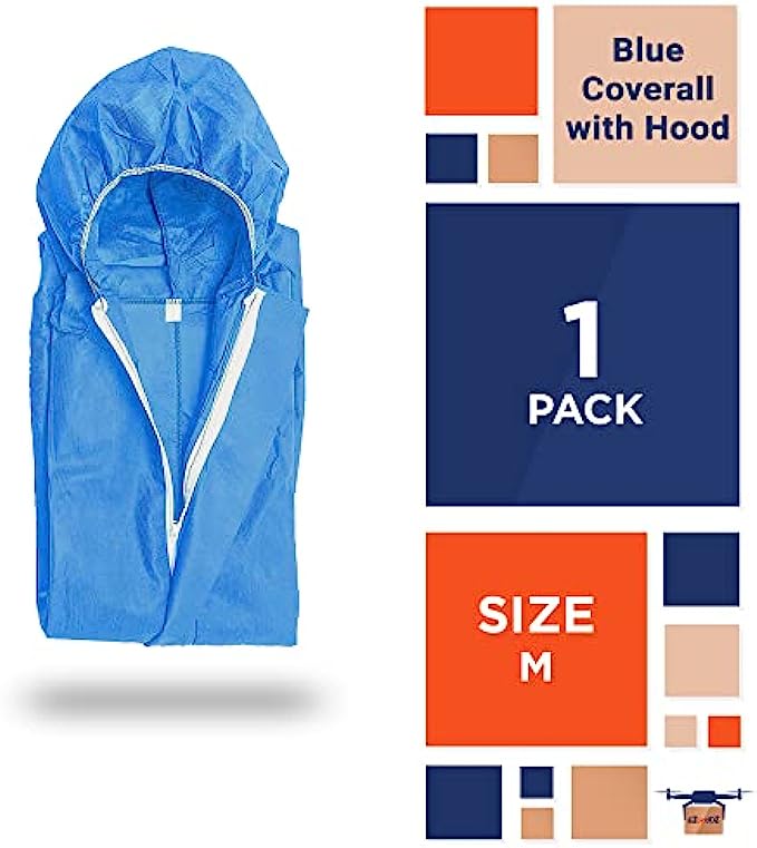 EZGOODZ Blue Coverall with Hood, Elastic Cuffs, Ankles, Waist, Zipper. Medium SMS Industrial Overall. Unisex Disposable PPE Workwear for Cleaning, Painting. Lightweight Full Body Protective Suit.