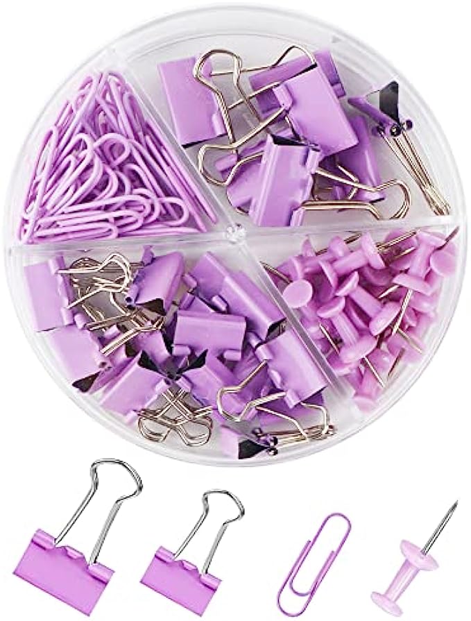 Creechwa Purple Binder Clips and Paper Clips Push Pins Tacks Sets, Total 72 PCS Assorted Sizes Office Supplies Set for Women, Student, School, Home &amp; Desk Supplies