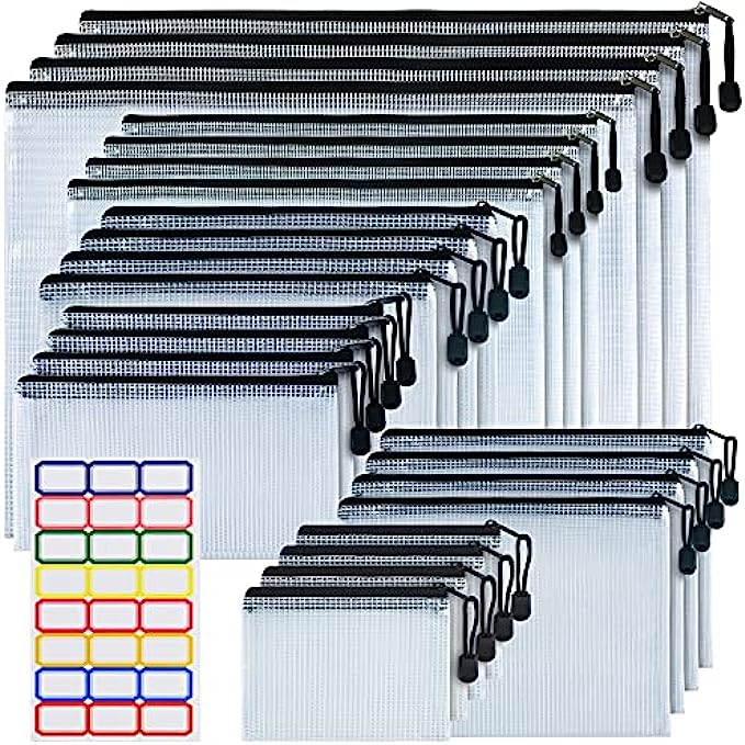 Mesh Zipper Pouches, 24PCS Multisize Plastic Zipper File Folders, Waterproof Zipper File Bags Document Pouch for Office, Supplies,Makeup, Board Game Storage(Black)